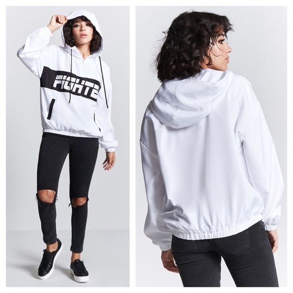 ➕ Forever 21 Plus Fighter Breast Cancer Awareness Windbreaker Hooded Pul… - Picture 1 of 12